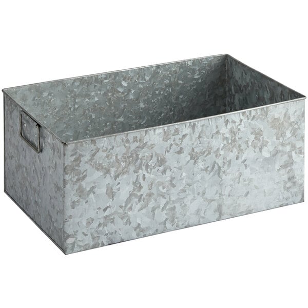 A galvanized metal rectangular beverage tub with a handle.
