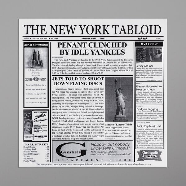 A white GET Enterprises New York newsprint liner with black and white text on the counter.