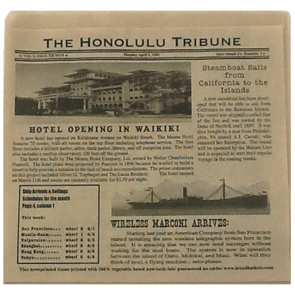 A white Hawaiian Newsprint double-open bag with text and pictures of buildings and ships.