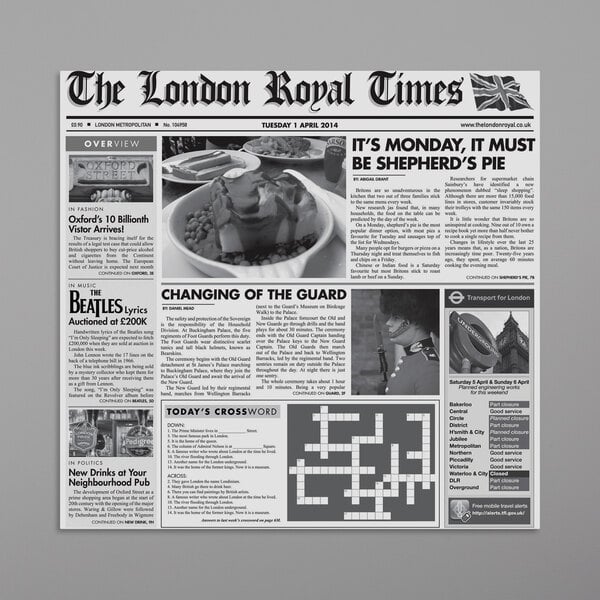A white London newsprint liner with text and images of food.