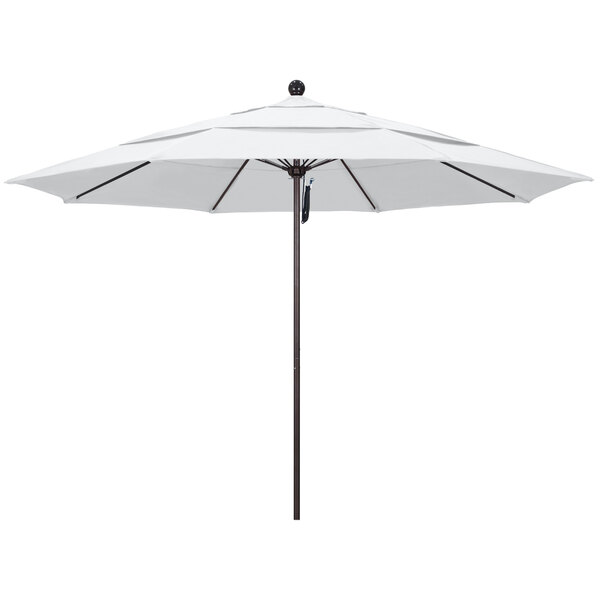 A white California Umbrella with a bronze pole.