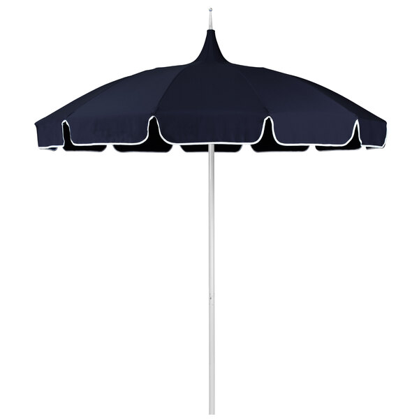 A navy umbrella with a white braid on the canopy.
