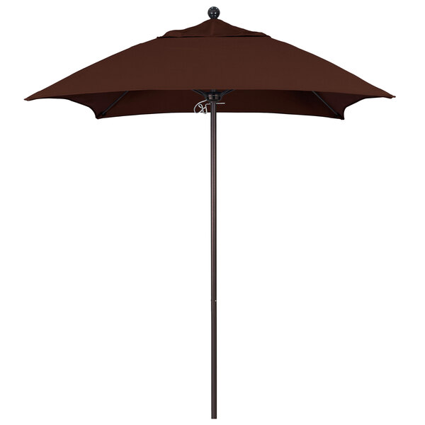 A brown California Umbrella on a bronze pole.