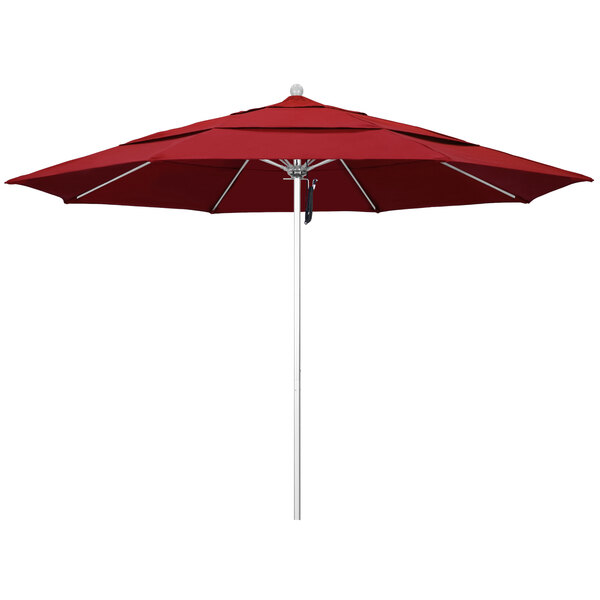 A close-up of a red California Umbrella with a silver pole and red fabric.