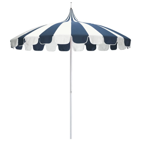 A California Umbrella with a white and blue striped Sunbrella canopy and pole.