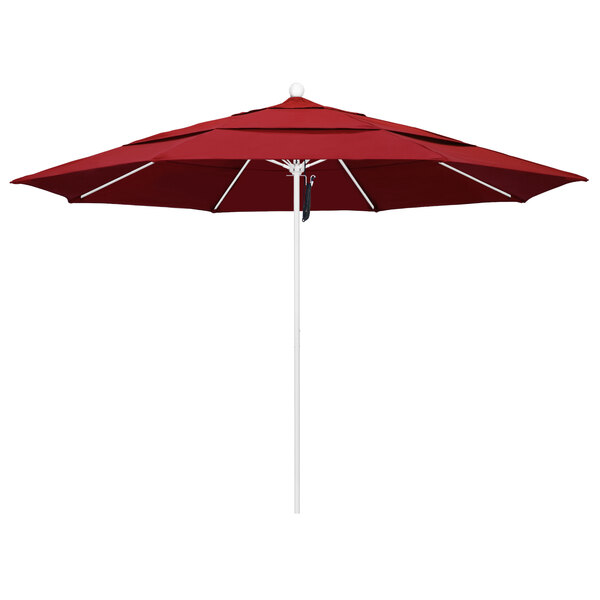 A red California Umbrella on a white pole.