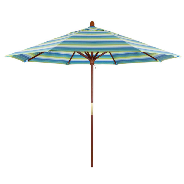 A California Umbrella with blue and green striped Sunbrella canopy on a wooden pole.