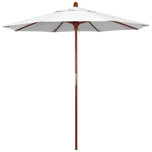 A white umbrella with a wooden pole.