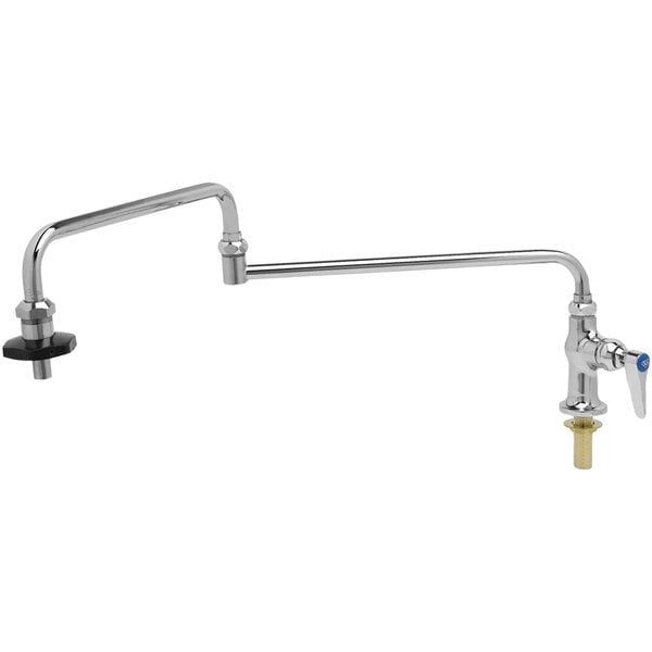 A chrome T&S deck mounted pot filler faucet with a handle and a hose.