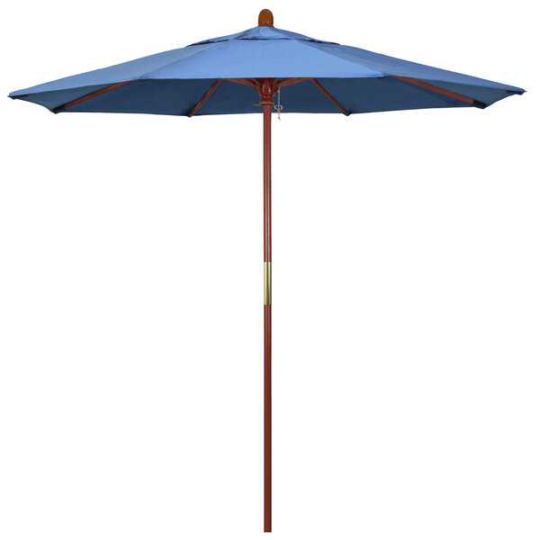 A blue California Umbrella with a wooden pole on a white background.