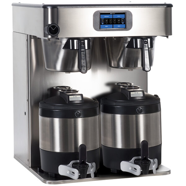 A Bunn ICB Twin automatic coffee brewer with two coffee containers on a counter.