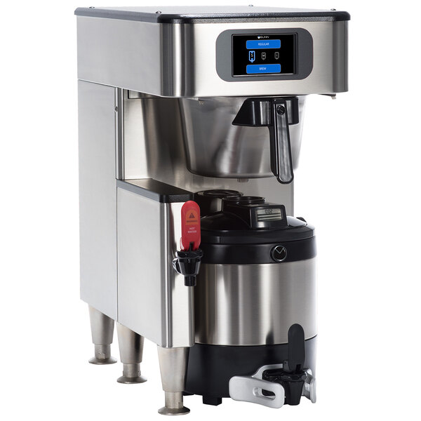 A Bunn commercial coffee maker with a stainless steel and black body and blue and black screen.