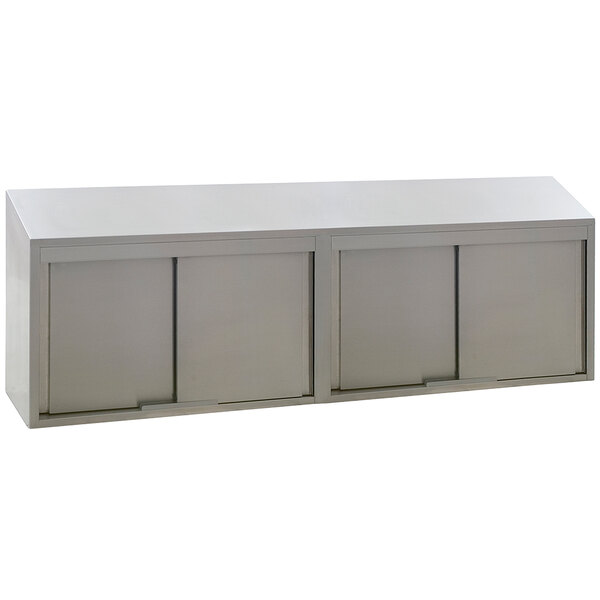 A stainless steel wall cabinet with sliding doors.