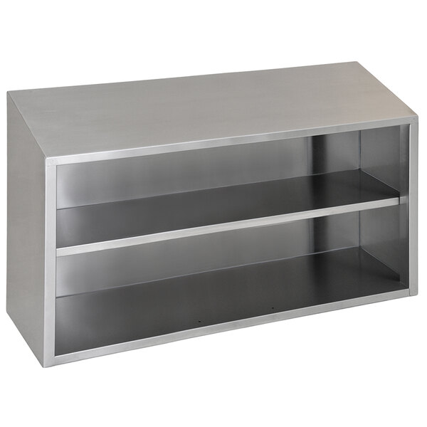 A silver stainless steel wall cabinet with shelves.