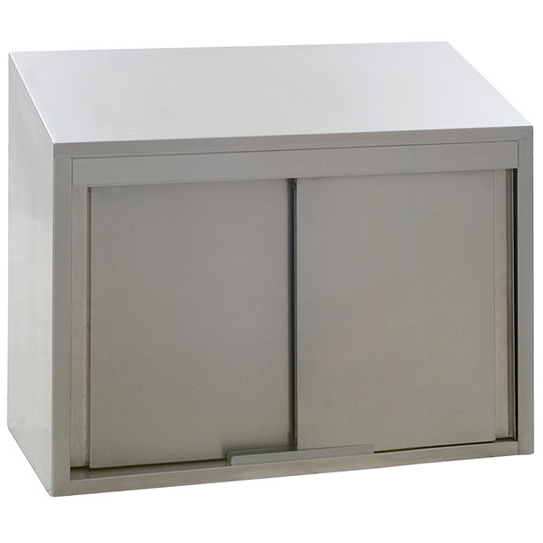 A stainless steel Eagle Group wall cabinet with sliding doors.
