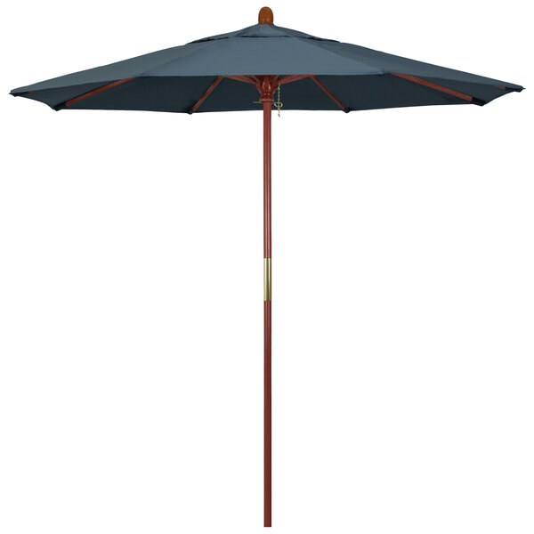 A California Umbrella with a Pacifica Sapphire canopy and hardwood pole.