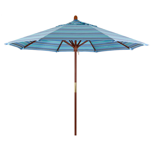 A California Umbrella with blue and white striped Sunbrella canopy and hardwood pole.