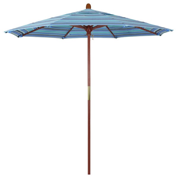A California Umbrella round outdoor table umbrella with blue and white striped Sunbrella canopy.