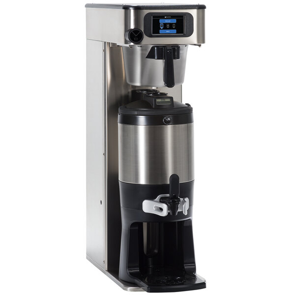 A silver and black Bunn ICB-DV Platinum Edition coffee brewer on a counter.