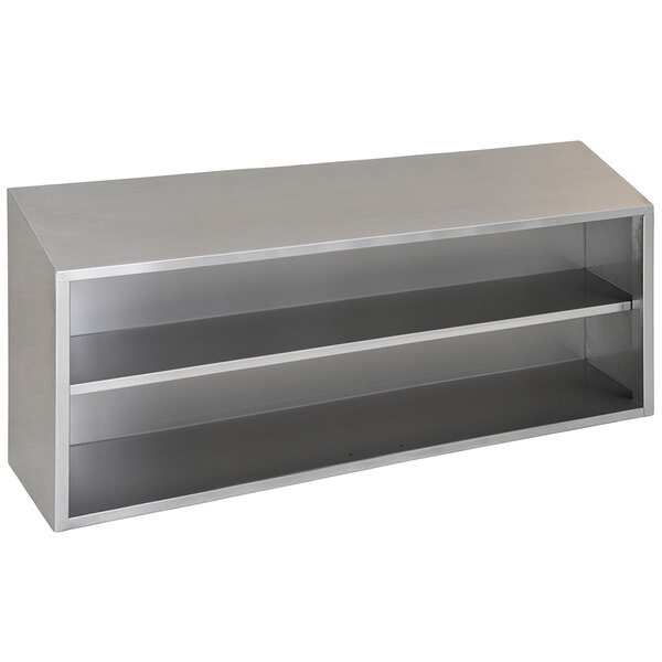 A silver stainless steel Eagle Group wall cabinet with three shelves.