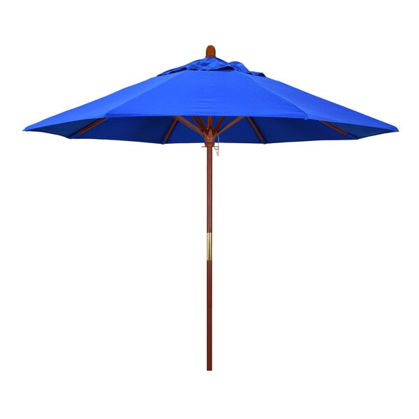 A California Umbrella Grove round outdoor table umbrella with a Pacific Blue Sunbrella canopy and a hardwood pole.