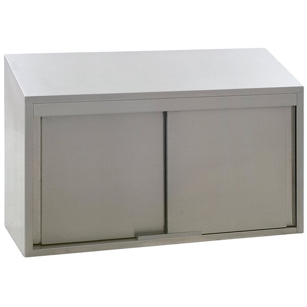 A silver stainless steel Eagle Group wall cabinet with sliding doors.