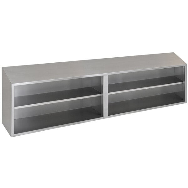 A long silver stainless steel wall shelf with three shelves.