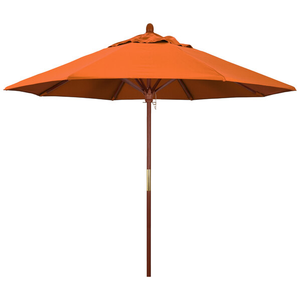 A California Umbrella with a Tuscan Sunbrella canopy and hardwood pole in orange.
