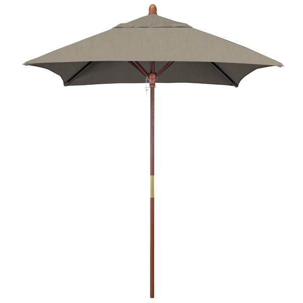 A California Umbrella Grove square outdoor umbrella with a hardwood pole and Spectrum Dove Sunbrella canopy.