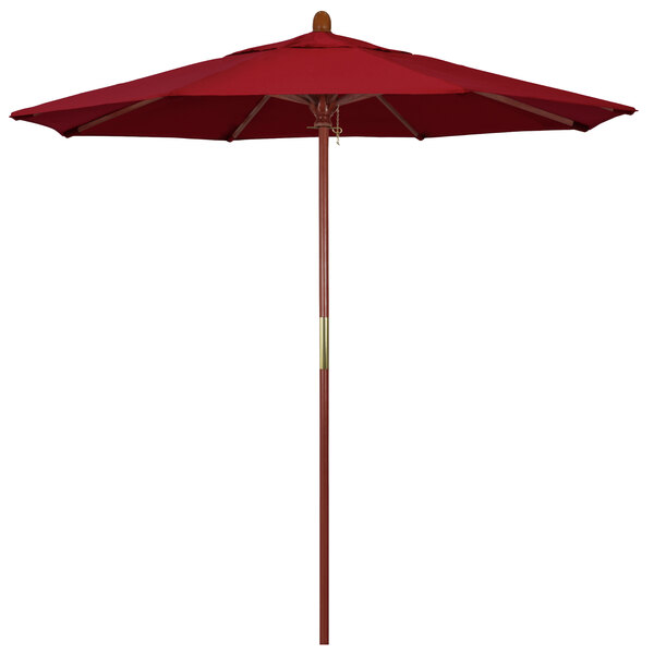 A California Umbrella red round umbrella with a hardwood pole.