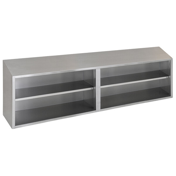 A long shot of an Eagle Group stainless steel wall cabinet with shelves.