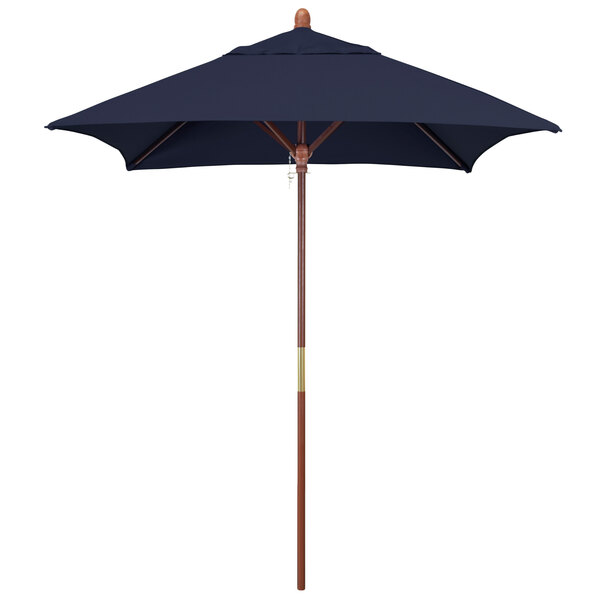 A California Umbrella Grove square outdoor umbrella with a navy blue Sunbrella canopy and wooden pole.