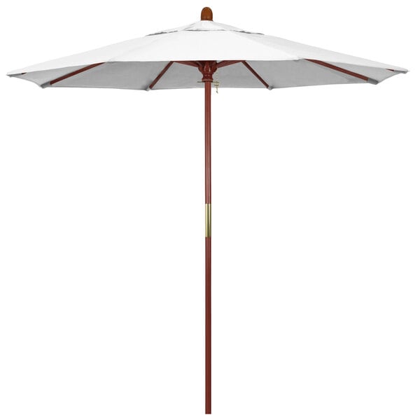 A white California Umbrella with a hardwood pole.