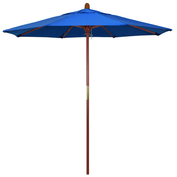 A California Umbrella royal blue round umbrella with a hardwood pole.