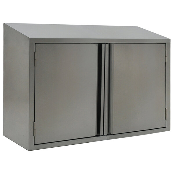 A grey stainless steel Eagle Group wall cabinet with two doors and black handles.