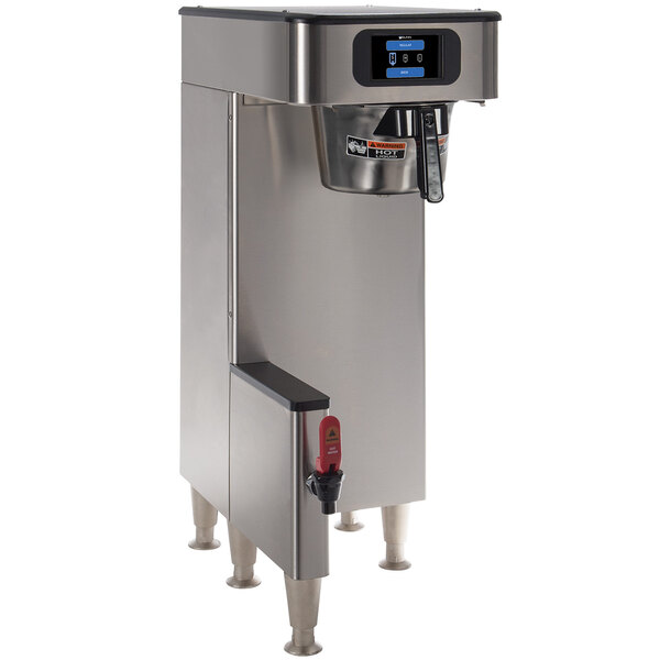 A Bunn stainless steel automatic coffee brewer with a touch screen.
