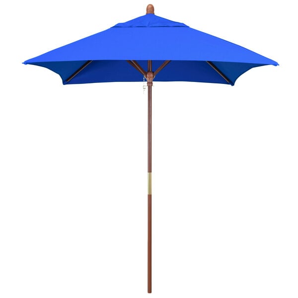 A California Umbrella Grove square outdoor table umbrella with a Pacific Blue Sunbrella canopy and a hardwood pole.
