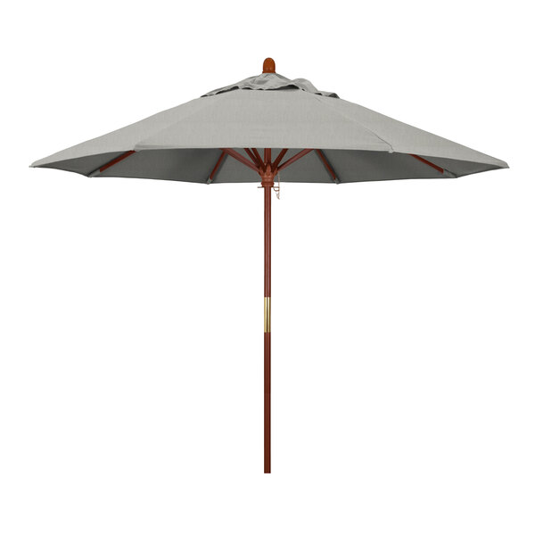 A California Umbrella Grove round outdoor umbrella with a wooden pole and grey Sunbrella canopy.