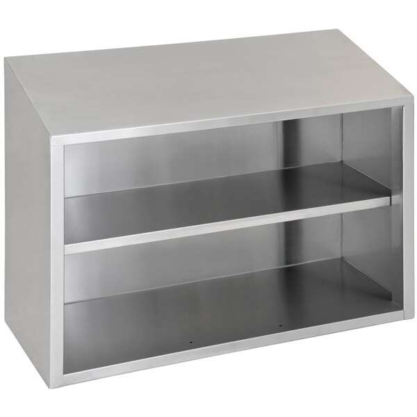 A silver metal Eagle Group stainless steel wall cabinet with two shelves.