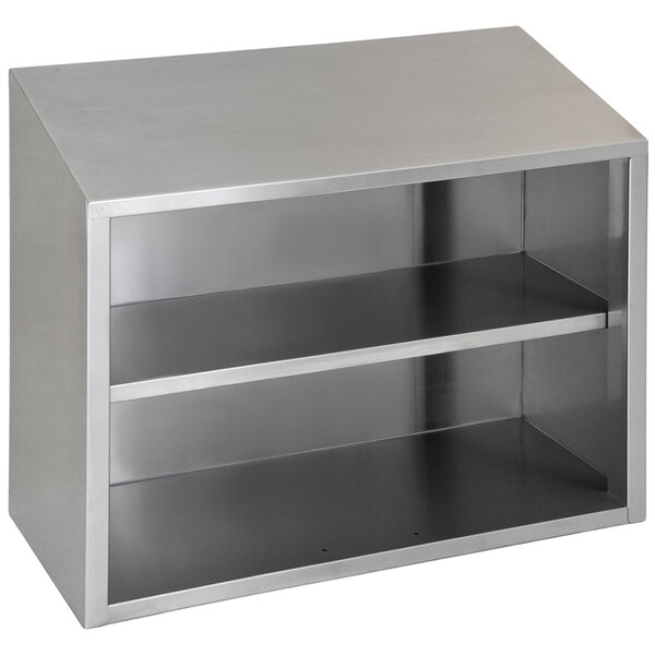 A silver metal Eagle Group stainless steel wall cabinet with shelves.