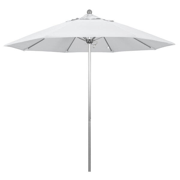 A close up of a California Umbrella with a white Sunbrella canopy on a silver aluminum pole.