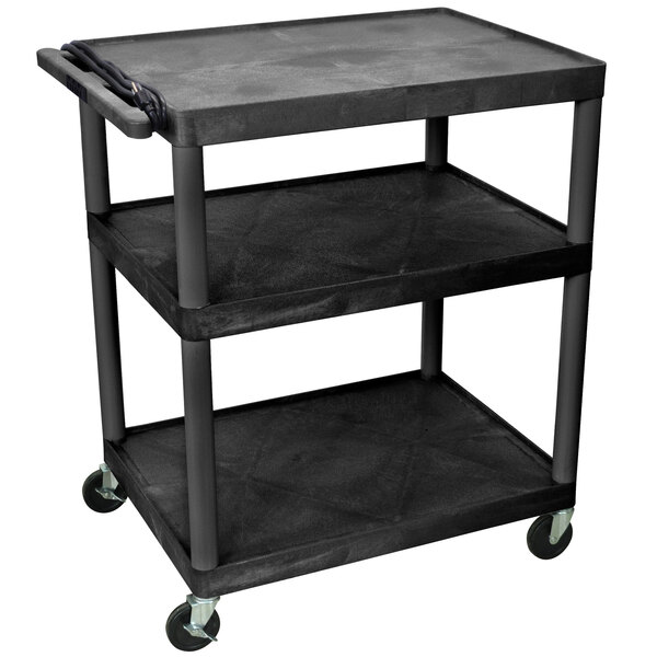 A black Luxor A/V cart with 3 shelves and wheels.