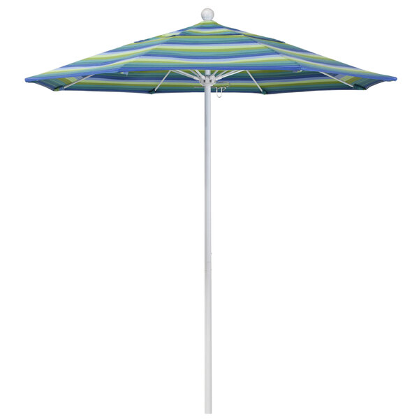 A close-up of a California Umbrella with blue and green stripes on the canopy.