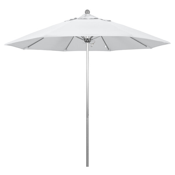 A white California Umbrella with a silver metal pole.