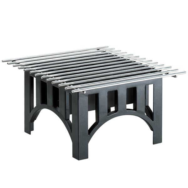 A black metal rack with metal rods for a square metal grate.