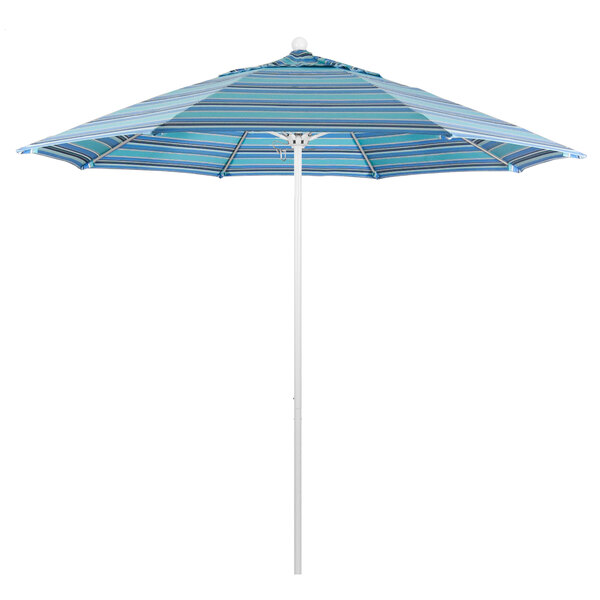 A close-up of a California Umbrella with blue and white striped Sunbrella canopy.