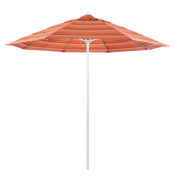 A California Umbrella with a white pole and orange and white striped canopy.