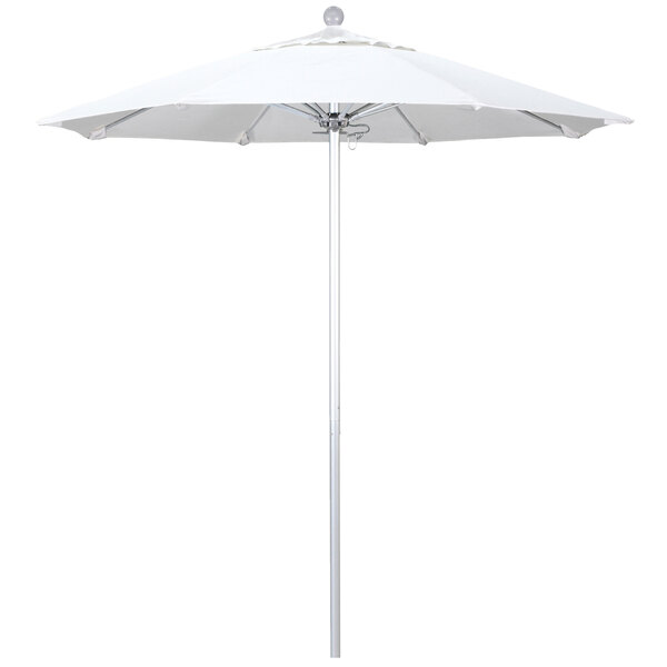 A white California Umbrella with a round top and a silver pole.