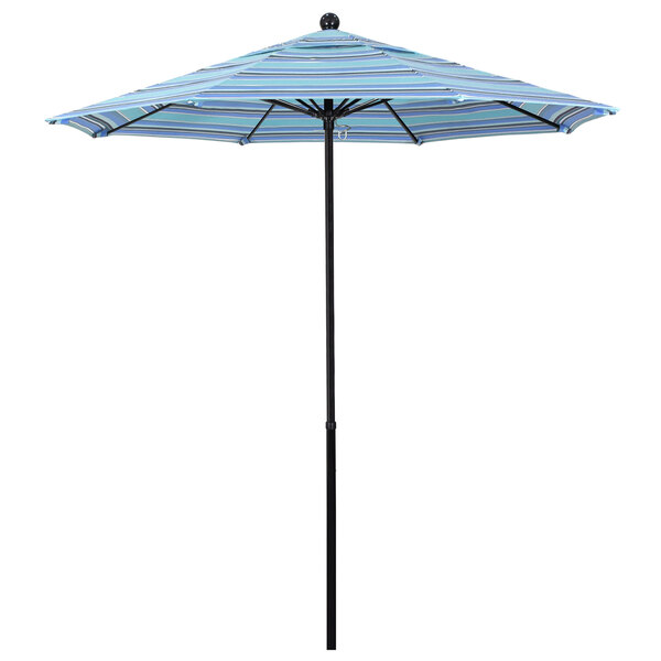 A close up of a blue and white striped umbrella with a black pole.