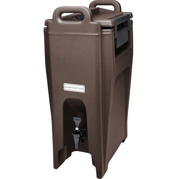 A dark brown Cambro insulated beverage dispenser with a white label and a handle.